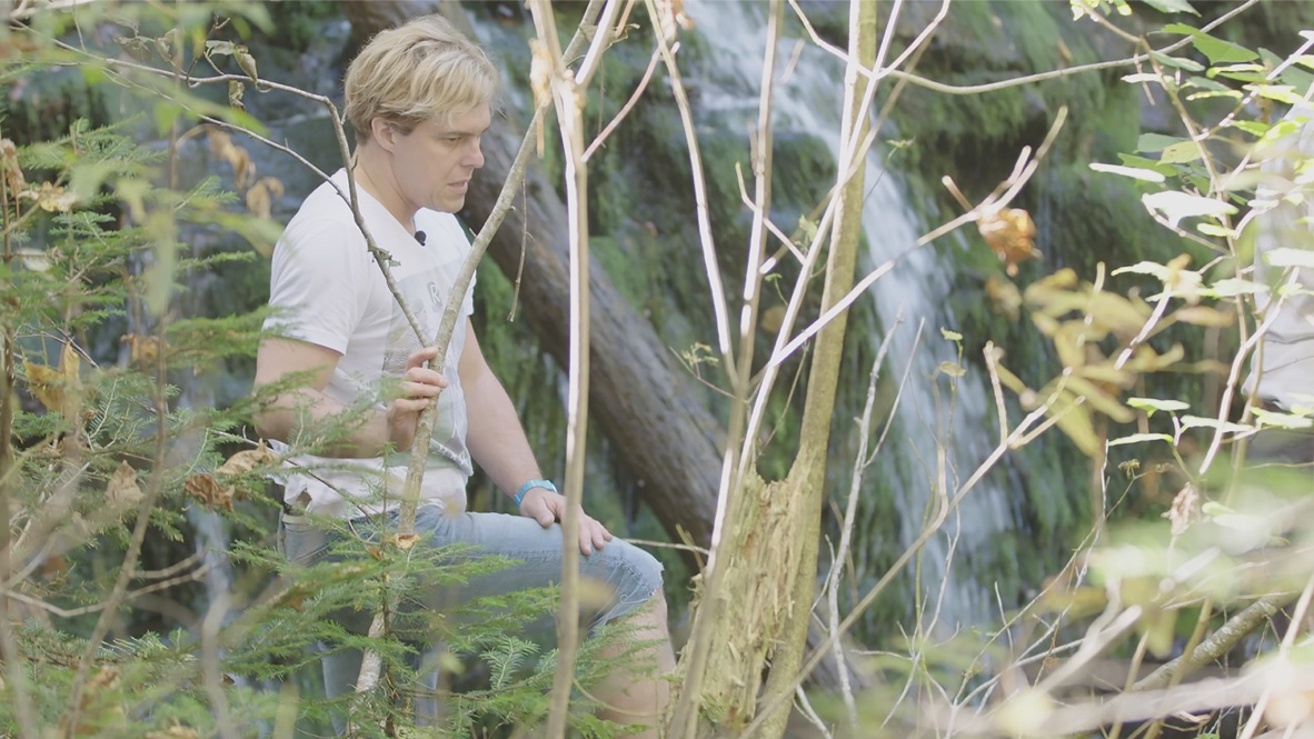 Alex Perron dans la forêt entouré de branches pour expédition extreme